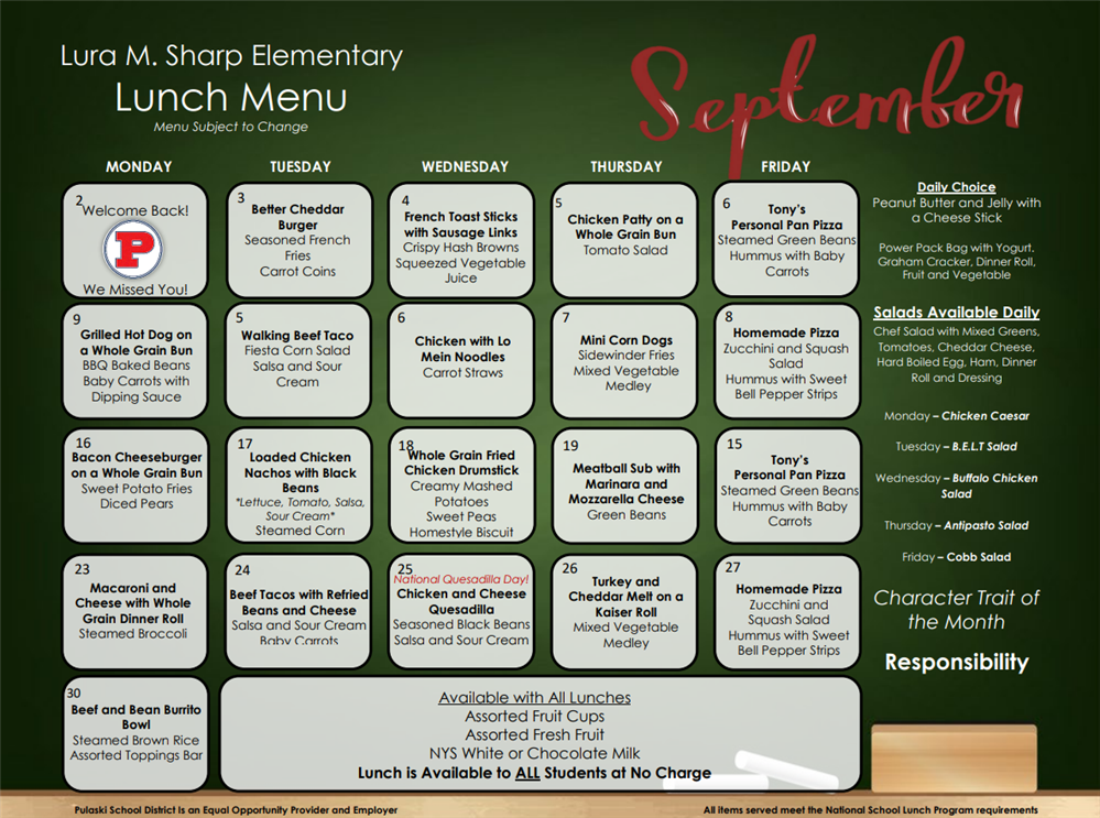 September Lunch Calendar-Elementary